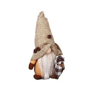 Gnome plush coffee doll decoration with burlap hat and coffee bean accents on white background