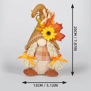 Detail of harvest gnome doll with plaid fabric, sunflower accents and 20cm height labels