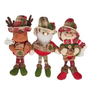 Three-piece Christmas plush figurines including Santa Claus, snowman and reindeer in plaid hats