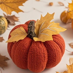 Detailed view of orange knitted pumpkin with yellow leaves for Thanksgiving harvest decor