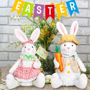 Easter Plush Rabbit Ornaments With Plaid Clothing Holding Carrot Sign Cute Bunny Dolls For Home Party Decoration Gifts