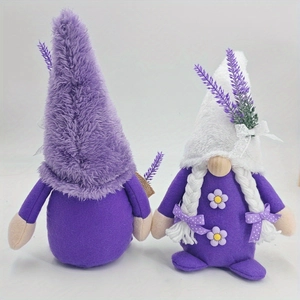 Lavender-themed plush gnomes set with purple hats and braids for spring home decor