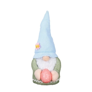 Easter gnome plush doll with pink ears and blue knit hat holding a colorful egg decor