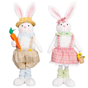 Easter plush bunnies set with telescopic legs, holding carrot and flower basket