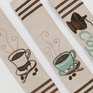 Set of 3 linen coffee-themed refrigerator handle covers with rustic hand-drawn patterns
