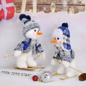 Cute Christmas blue plaid snowman plush dolls with wooden skis for winter holiday decor
