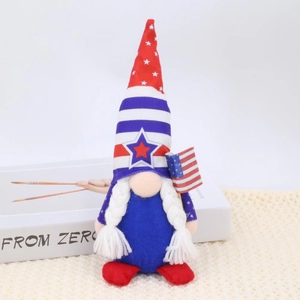 Close-up of patriotic gnome plush with American flag stars and stripes hat details