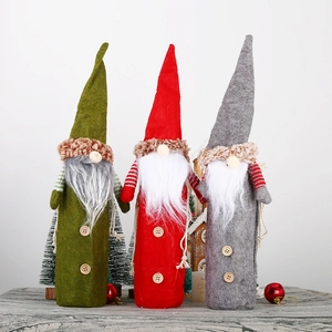 Christmas Gnome Wine Bottle Cover Festive Tomte Wine Decor With Long Beard Wooden Button For Holiday Party Table Decor