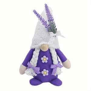 Lavender gnome plush with purple accents and white fuzzy hat for spring home decoration