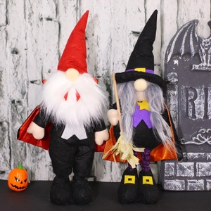 Standing Halloween gnome plush set featuring vampire and witch dolls with broomstick decor
