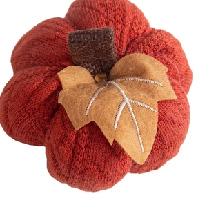 Knitted orange harvest pumpkin decor with burlap stem for Thanksgiving autumn styling