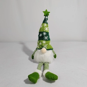 Lighted Christmas gnome plush with green knit snowflake hat and striped dangling legs