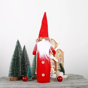 Christmas gnome wine bottle cover with red tall hat and white beard for holiday decor