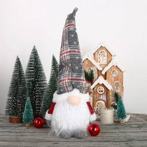 Lighted Christmas gnome doll with grey plaid hat and white beard on festive background