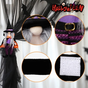 Halloween witch gnome curtain tieback with purple accents and festive wizard hat