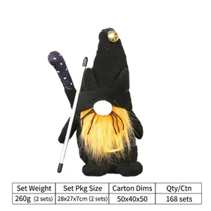 Gnomo de Halloween con luz, gorro de punto negro, barba amarilla y orejas de gato decorativas