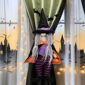 Detail of Halloween gnome witch curtain tieback with purple stripes and wizard hat