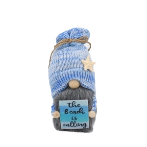Coastal gnome plush with beach is calling sign and blue striped knit hat decoration