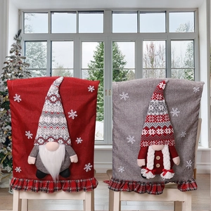 Housse de Dossier de Chaise de Salle à Manger Gnome de Noël Imprimé Flocon de Neige Motif Dessin Animé Décoration de Fête