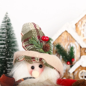 Plush Santa Claus candy jar with plaid hat and white beard for Christmas home decor
