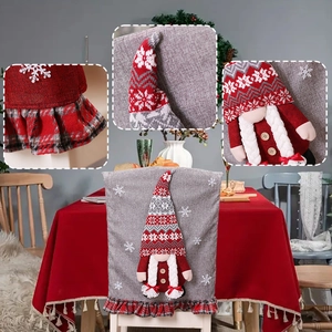 Christmas chair cover featuring gnome decor with red and black plaid on grey fabric