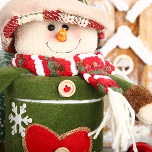 Detailed view of snowman Christmas candy jar with green felt fabric and wooden button