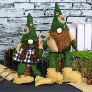 Handmade coffee-themed gnome dolls in green pointed hats for rustic kitchen decor