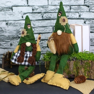 Pair of forest green coffee themed Swedish gnomes with dangling legs for home decor