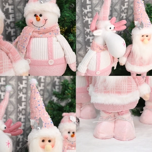 Pink sequin Christmas plush decor set featuring Santa, Snowman and Reindeer figurines