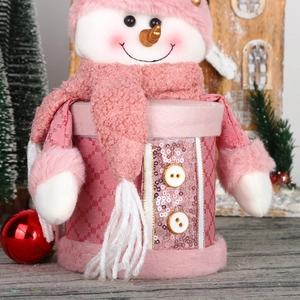 Pink snowman Christmas gift storage box with plush hat and plaid fabric for holiday decor
