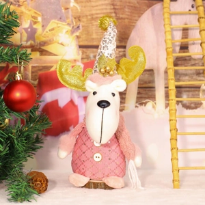 Pink Christmas reindeer plush ornament with golden antlers and silver sequined hat