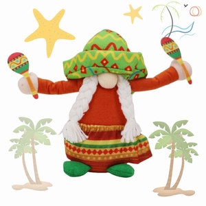 Detail of Mexican gnome doll with colorful sombrero hat and maracas for festive decoration