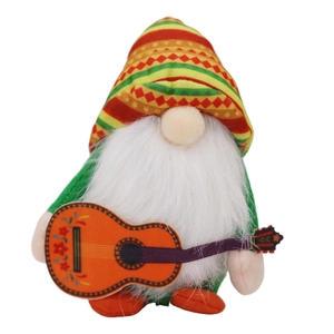 Close-up of Carnival Gnome plush with colorful striped hat and small orange guitar