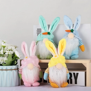 Detailed view of colorful plush Easter gnome gnomes with bunny ears and floral accents