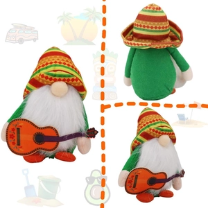 Three views of Mexican style gnome plush with guitar and colorful sombrero hat