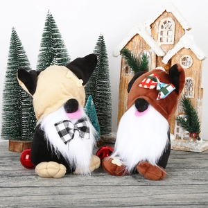 Christmas plush gnome dogs with reindeer antlers and plaid bows for holiday home decor