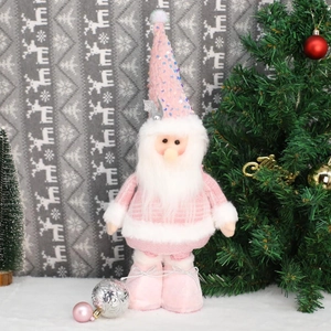 Detail of pink sequin Santa doll with telescopic legs and plush checkered outfit decor