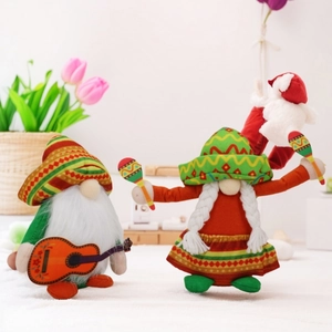 Detail of Cinco de Mayo gnomes with guitar and maracas in vibrant striped outfits