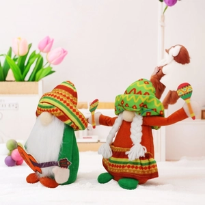 Detail of Cinco de Mayo gnomes with sombrero hats, mini guitar and maracas for festival decor