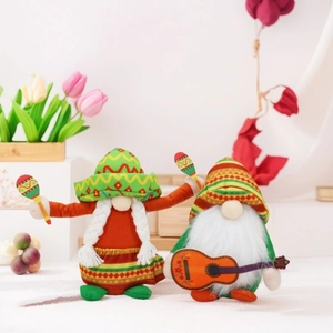 Close-up of Mexican carnival gnomes with sombrero hats, mini guitar and maracas detail