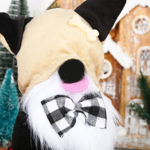 Christmas dog gnome plush toy with bone hat and plaid bow in cozy winter scene