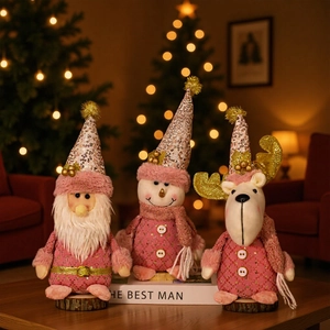 Pink Christmas Plush Ornaments Santa Snowman Reindeer Doll Figurines With Sequin Hat For Holiday Party Home Window Decoration