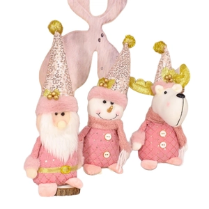 Pink Christmas plush doll set featuring Santa, Snowman and Reindeer with gold accents
