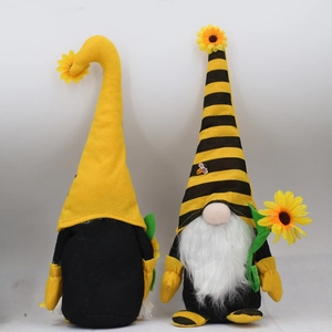 Handmade bee gnome plush set with sunflower accents and yellow striped hats for home decor