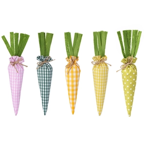 Set of five colorful fabric Easter carrot ornaments with plaid patterns and jute bows