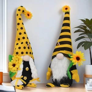 Set of two yellow sunflower bee gnomes decorations for home and harvest festival ornament