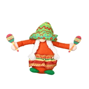 Carnival Gnome figurine with straw hat and maracas, Mexican style plush decoration