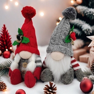 Pair of Christmas faceless gnomes with knit hats and berry decor in a snowy setting