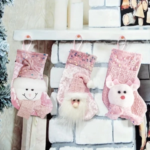 Pink Christmas Stocking Gift Bag With Sequin Plush Cartoon Santa Snowman Reindeer Hanging Ornament Xmas Party Holiday Decor