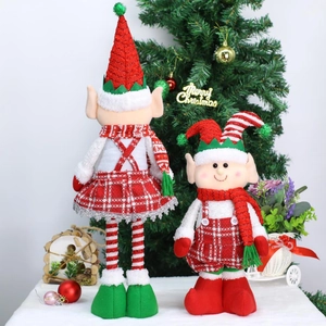 Christmas elf plush dolls with telescopic legs in red and green festive holiday outfits